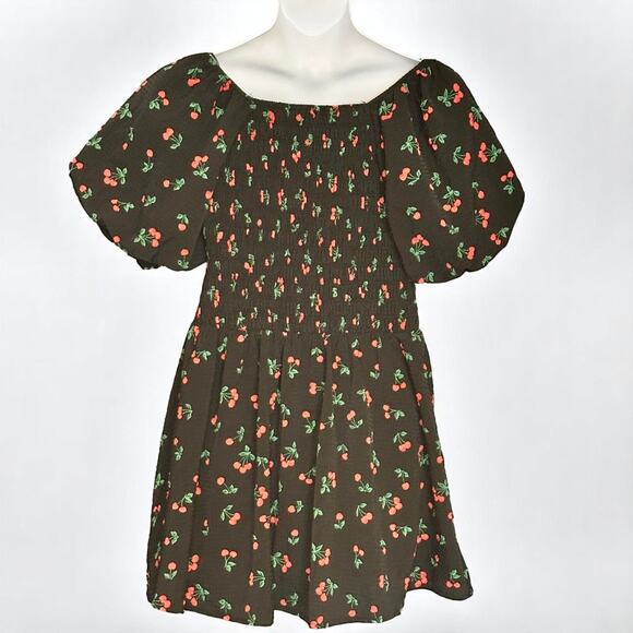 English Factory Size Large Cherry Print Smocked Dress Fit & Flare Puff Sleeve - Picture 9 of 11